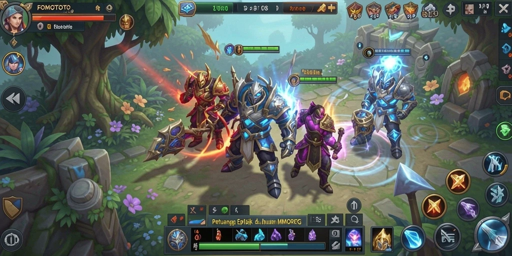 Screenshot utama FOMOTOTO menampilkan pertarungan epik di dunia MMORPG.