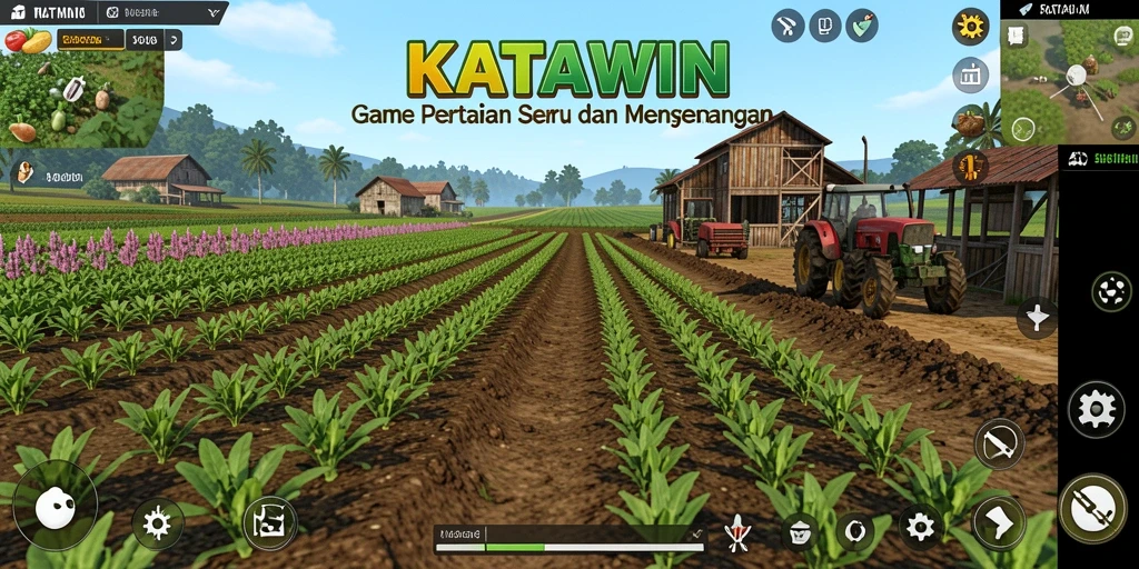 Tampilan gameplay KATAWIN dengan kebun yang indah dan tanaman subur.