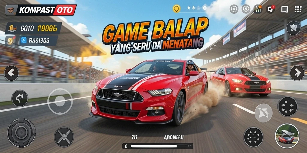 Gameplay <strong>KOMPASTOTO</strong> menampilkan mobil balap di lintasan yang penuh tantangan.