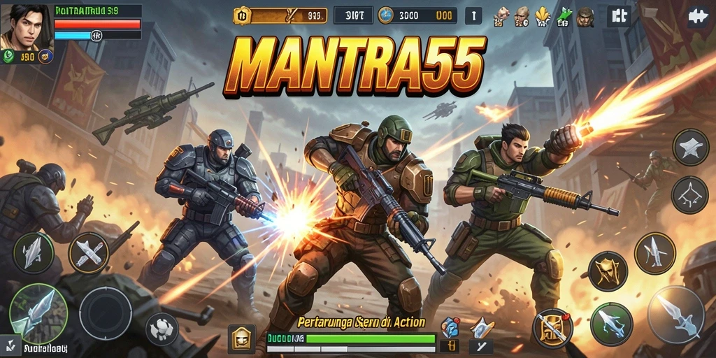Tampilan gameplay seru di MANTRA55 dengan aksi bertarung intens.