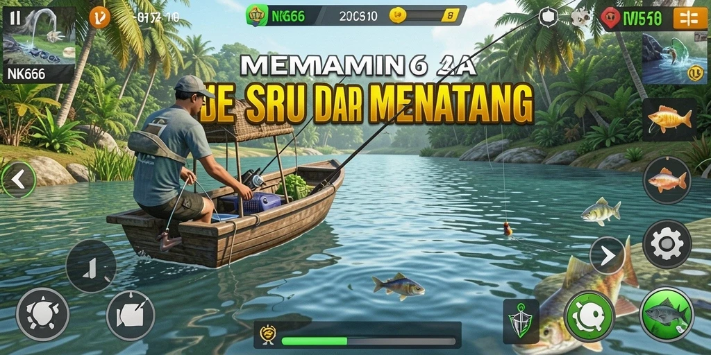 Tampilan gameplay NK666 yang menampilkan momen menangkap ikan.