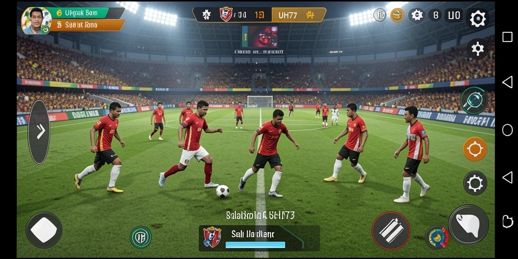 Screenshot utama UH77 menampilkan aksi permainan sepak bola yang intens.